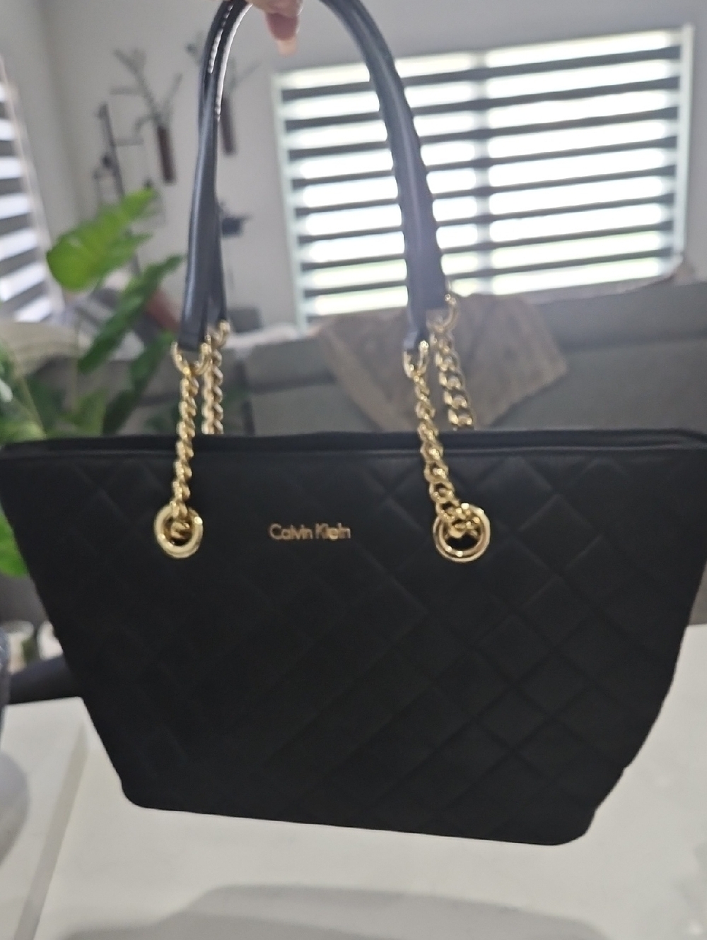 Calvin Klein Black Quilted Tote with Gold Chain Handles